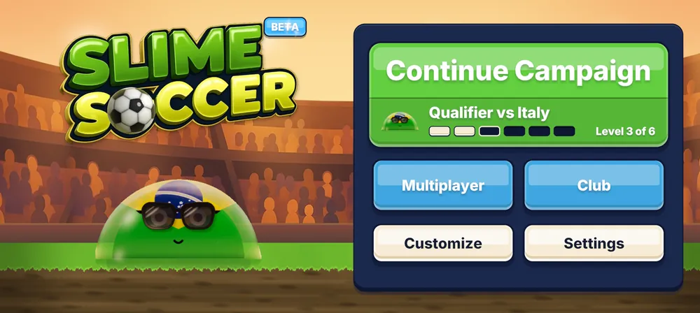 The main menu: the Slime Soccer logo over a Brazil-flag slime in sunglasses, beside Continue Campaign, Multiplayer, Club, Customize and Settings.
